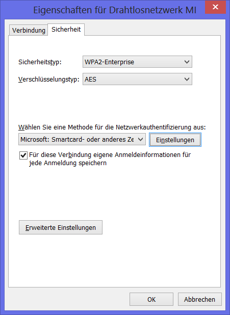 Eigenschaften für Drahtlosnetzwerk MI
